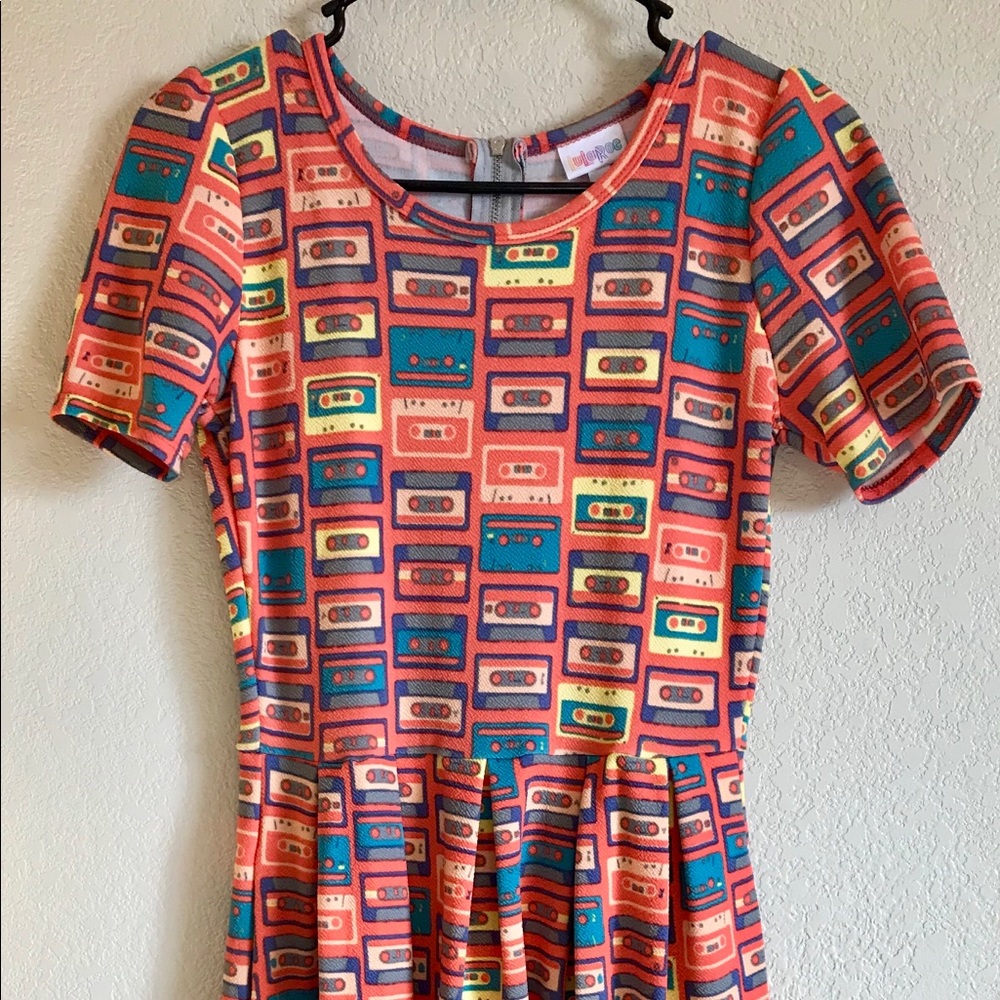 LuLaRoe Small Amelia Dress Cassette Tape Print